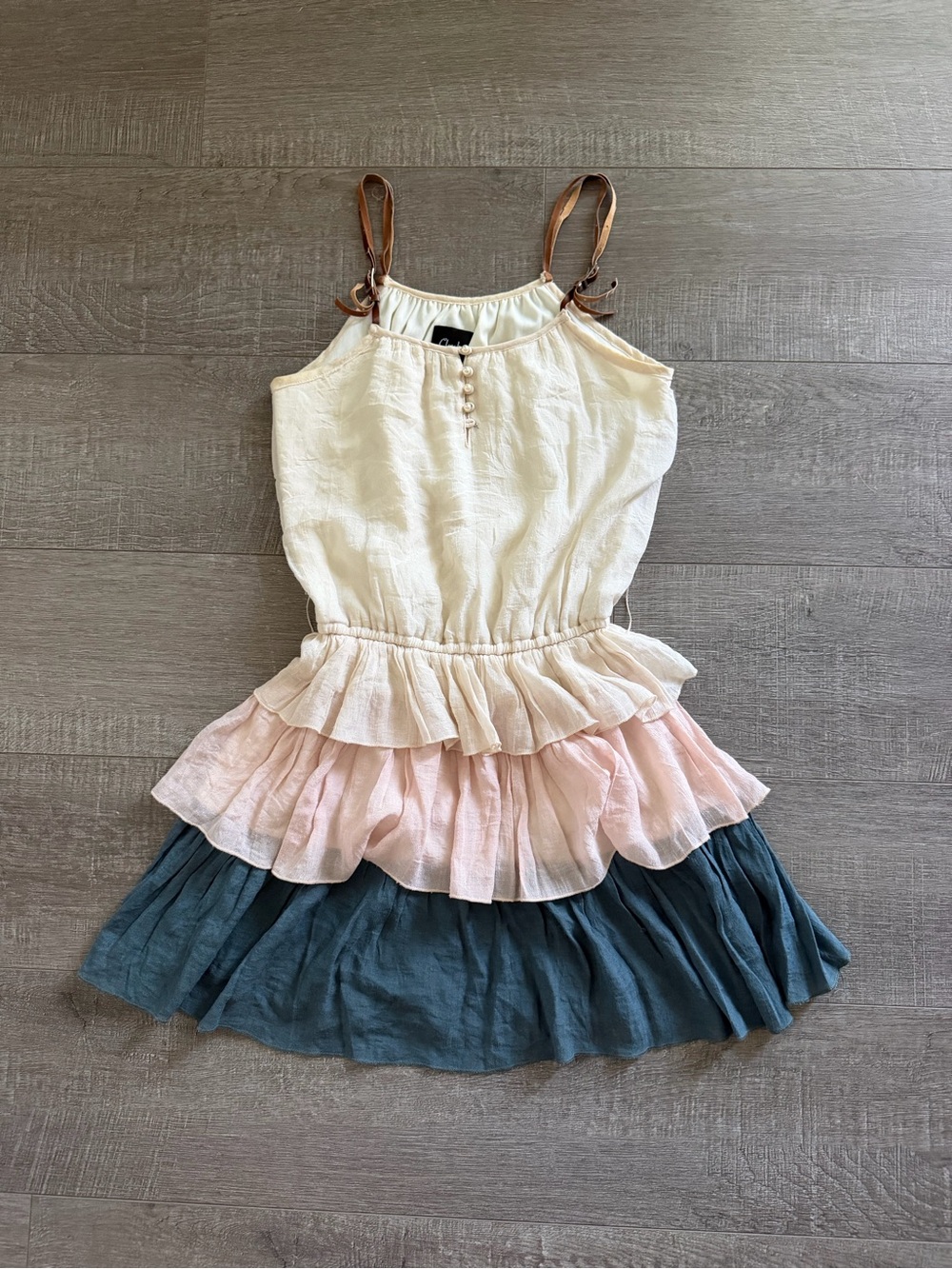 Chesley Tiered vintage Mini Dress in Cream, Blush & Teal